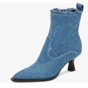 XYD Blue Denim Boots Pointed Toe Side Zipper Ankle Booties Kitten Low Heels Shoe